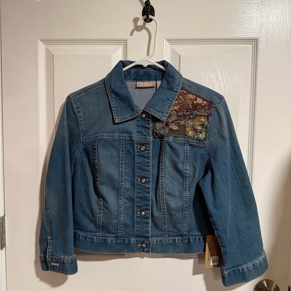 Chico's Blue Jean Jacket with Embroidered Patch